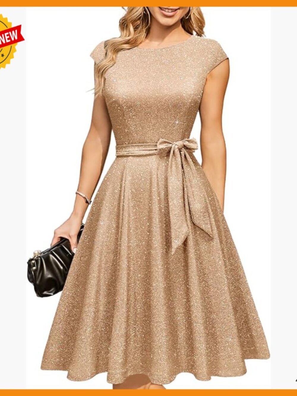 Sequin Midi Dress, A-Line Fit, Cap Sleeves, Formal Wedding Guest